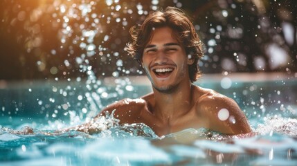 Handsome young man with a joyful smile, playfully splashing in a sparkling pool, capturing the essence of summer fun