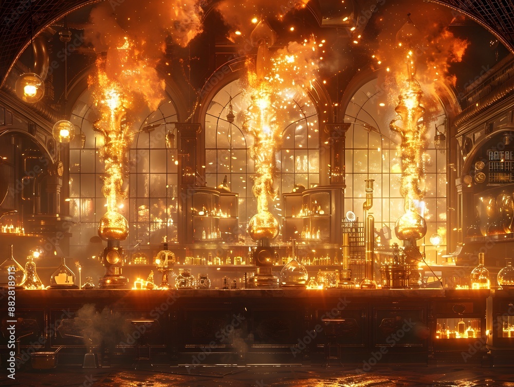 Poster steampunk laboratory with fiery experiments and glowing apparatuses creating a dynamic scene