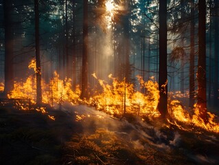 Serene Forest Scene with Controlled Fires for Natural Fire Management Concept