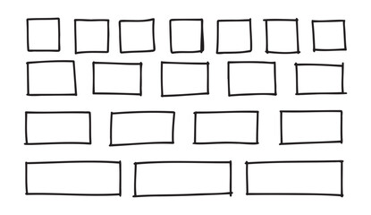 Free outline hand drawn vector squares, rectangles different sizes. Scribble rectangular frames set. Freehand square borders. Text highlight underline. 