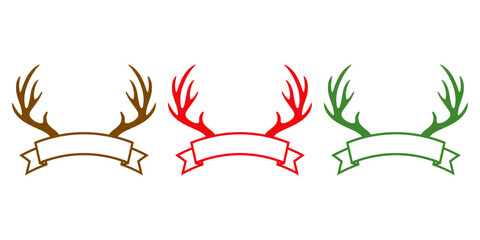 Logo tiempo de Navidad. Banner con silueta astas de reno Rudolph con bandera de cinta con líneas para tarjetas y felicitaciones © teracreonte