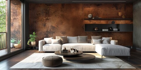 A sleek living room design where a chocolate wall brings warmth and depth, contrasted by minimalist white decor and modern lighting