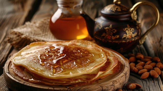Traditional Handmade Algerian pancakes named rghaif or msemen with honey and almond and arabic teapot