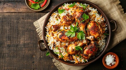 Top view of delicious North Indian food Hydrabadi chicken biryani Dum Biriyani Chicken pulao seasoned with mint leaves basmati rice herbs raitha for Ramadan Kareem Eid Ul Adha Kerala special rice