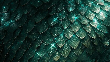 Fototapeta premium The texture material of the metal dragon scales is green. Metal spikes of lizard skin. Ancient feathers were made.