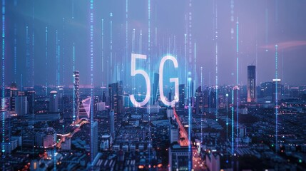 5G network digital hologram over city background, IoT devices in smart urban environment