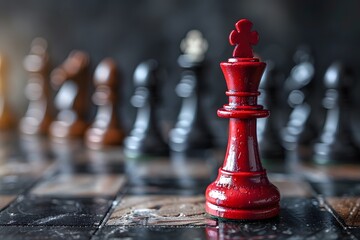 Red King Chess Piece Standing Out on a Chessboard