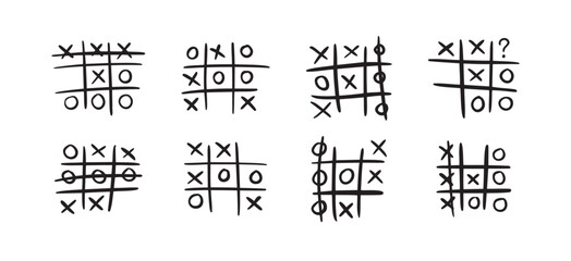 Hand drawn tic tac toe game, doodle X-O children game. Noughts and win. Play tictactoe draw.