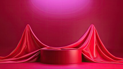 Cylinder podium with luxurious red cloth, vibrant magenta background for product display