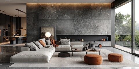 Clean and modern minimalist living room with a grey wall and sleek lines