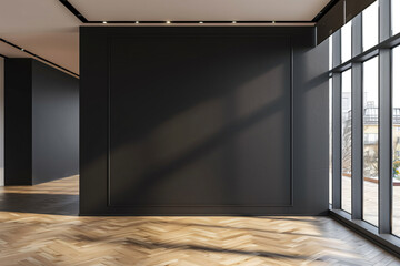 Black wall mockup in a modern office interior with panoramic windows and parquet flooring. Front view of a blank black canvas for advertising, presentation or meeting room. High quality copy space.