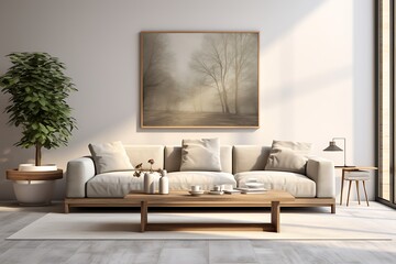 Interior of modern living room with white sofa, 3D rendering