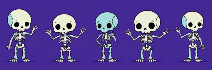 A cute cartoon human full body skeletons, all set against an electric blue purple background, in the cute kawaii style, vector art, bold lines, bright colors