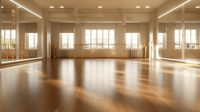 Interior of sport and dancing hall with hardwood floor and mirror