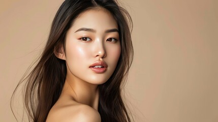 Fototapeta premium Gorgeous Asian beauty model with long hair, Korean makeup style, flawless skin, beige backdrop, beauty focus