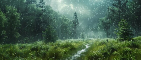 Hiking trail through a forest under a thunderstorm, adventurous weather