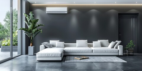 Clean and simple minimalist living room with a grey wall and uncluttered design