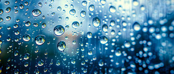 Macro image of water droplets on a glass window, reflecting blurred outdoor scenery in background.