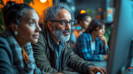 A telephoto angle photo of teachers gathered around a computer screen, engaging in a video conference with a remote colleague, promoting virtual collaboration and professional grow