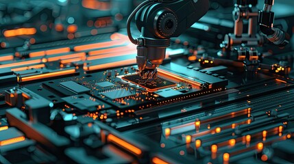 Robot arm in action inside electronics manufacturing facility, high precision PCB assembly line