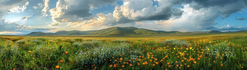 Fototapeta premium Stormy sky over a serene meadow with wildflowers, natures contrast