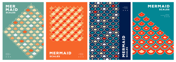 Set of retro summer disco posters with mermaid scale abstract texture.Vector illustration © annbozhko