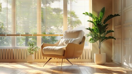 Soft armchair and houseplant by large window with blinds, cozy and spacious room interior