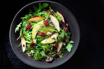 Delightful salad of baby arugula with poached pear and Gorgonzola
