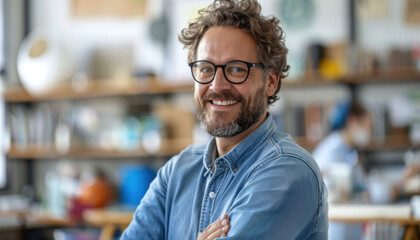 Obraz premium In an office, a man with glasses and a beard is smiling with his arms crossed, exuding confidence and happiness