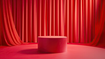 Sophisticated red cloth-covered cylinder podium, viva magenta backdrop, product showcase