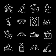 Ski resorts, white line icons. Mountain entertainment activities like snowboarding, skiing, and snowmobiling. Ideal for winter sports themes. Symbols on black background. Editable stroke.