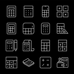 Calculators, white line icons. Various shapes and styles of calculators. Essential for financial and educational themes. Symbols on black background. Editable stroke.
