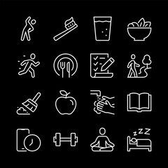 Healthy habits, white line icons. Daily wellness activities like exercise, healthy eating, and mindfulness. Ideal for lifestyle and health promotion. Symbols on black background. Editable stroke.