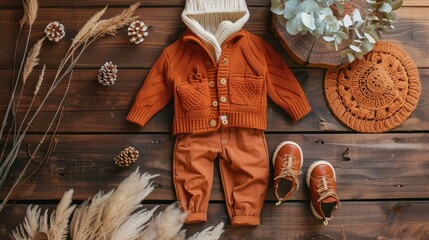 Stylish kids' fall jacket, terracotta, with knitted sweater, trousers, boots, flat lay, top view