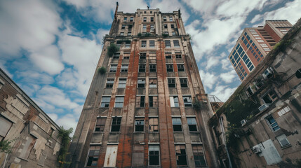 Fototapeta premium Exterior of abandoned Ruined damaged building with debris in urban city