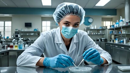 Female scientist in lab coat, gloves and face mask working with a petri dish.