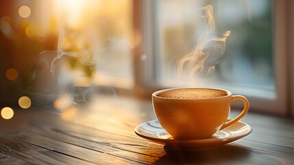 Obraz premium Steaming Cup of Coffee by the Window at Sunrise