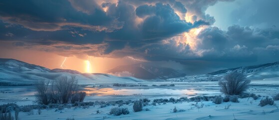 Fototapeta premium Thunderstorm over a snowy landscape, winter weather clash