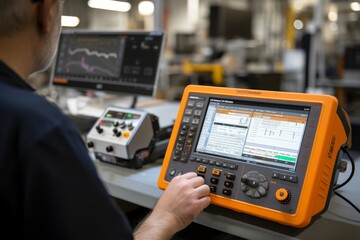 Hand demonstrating precise control on cnc machine s panel for accurate data input