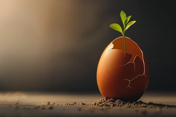 Life and Growth: Sprouting Plant from Cracked Egg