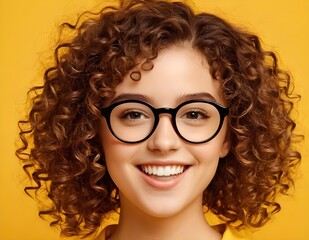 Obraz premium Smiling Woman With Curly Hair Wearing Glasses Against A Yellow Background