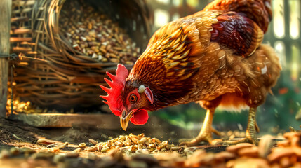 Hen eating corn on the ground in the farm