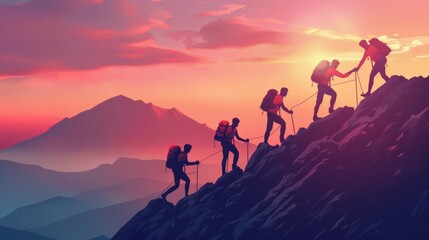 Fototapeta premium People helping each other hike up a mountain