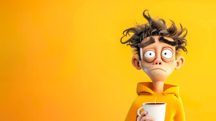 Tired cartoon man with messy hair holding a cup of coffee on yellow background