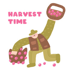 Cute morass, bog nature composition, postcard with funny hand drawn doodle man collecting wild berries. Wild pond, swamp nature t shirt print, cover, template, banner, poster print objects