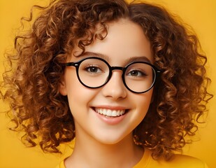 Obraz premium Smiling Woman With Curly Hair Wearing Glasses Against A Yellow Background