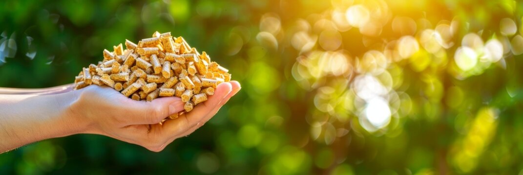 Hand holding wood pellets with lush green trees in the background, close up view