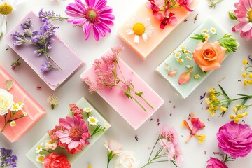 Close-up of colorful handmade soaps with dried flowers and herbs, handmade soap, perfect for gift and souvenir