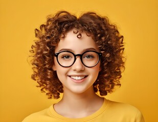 Obraz premium Smiling Woman With Curly Hair Wearing Glasses Against A Yellow Background