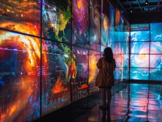 Silhouette of a person standing in front of a wall of screens displaying images of space and weather.